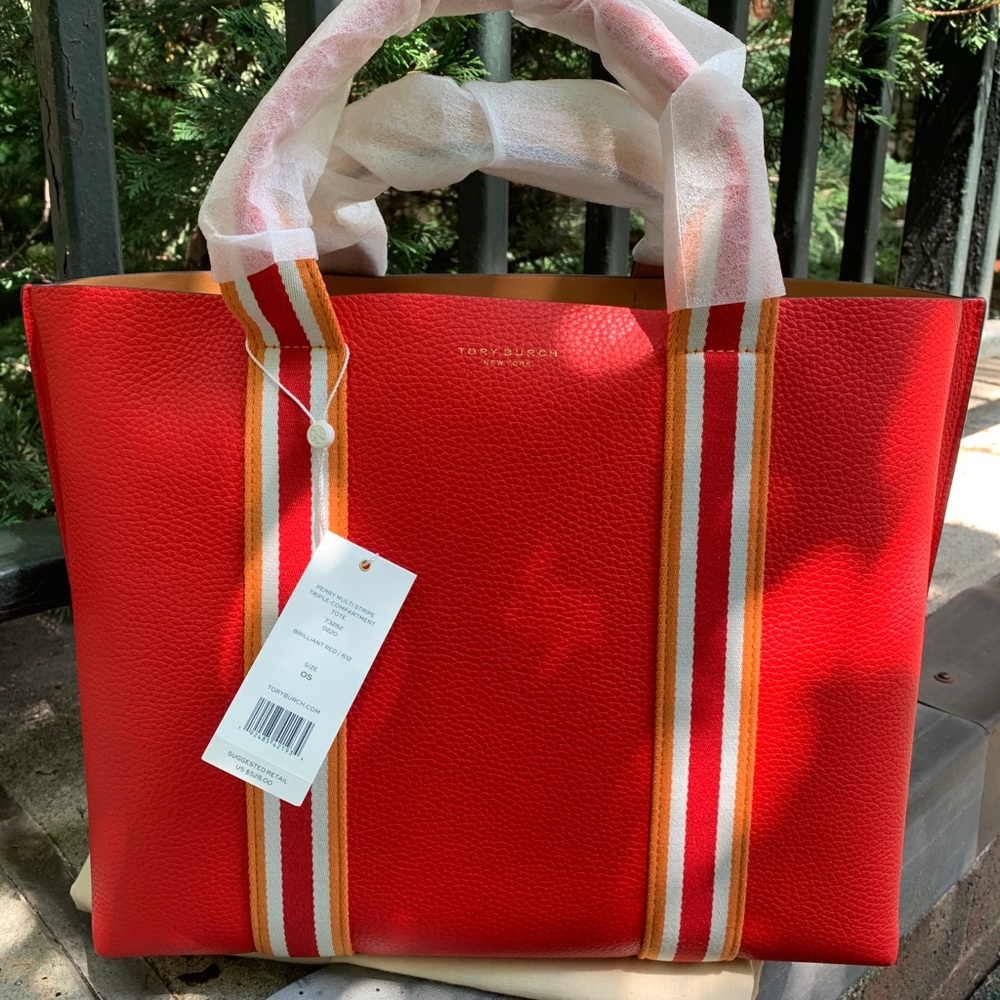 Authentic TORY BURCH LOGO stripe Leather Tote - Picture 3 of 16